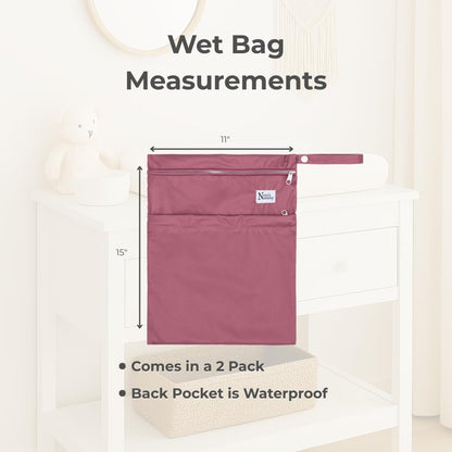 Nora's Nursery Reusable Wet Dry Bag for Cloth Diapers, Washable Pod with Large Zipper Opening, 2-Pack Waterproof Diaper Pods with Detachable Snap, Wet Bags for Cloth Diapers