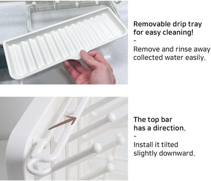 LUNELL Baby Bottle Drying Rack with 20 Hooks and Drip Tray, Large Space Saving Vertical Dryer Holder for Countertop, Storage Organizer for Pump Parts, Pacifiers, with Brush Holder, Ivory White