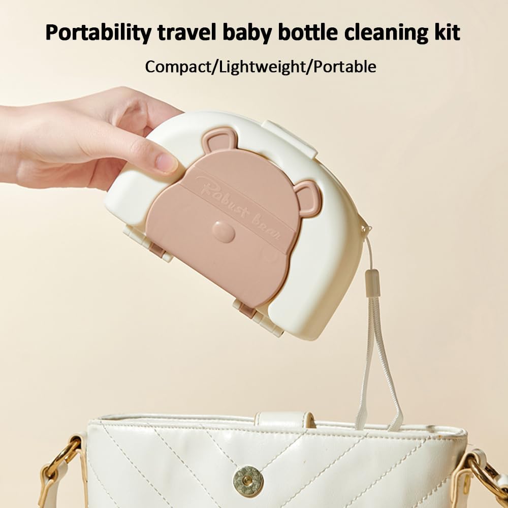 Baby Bottle Drying Rack and Cleaning Set, 7 in 1 Bottle Cleaning Brush Set with Silicone Bottle Brush, Straw Brush, Nipple Brush, Soap Dispenser, Storage Box, Drying Rack for Baby Bottle (Brown)