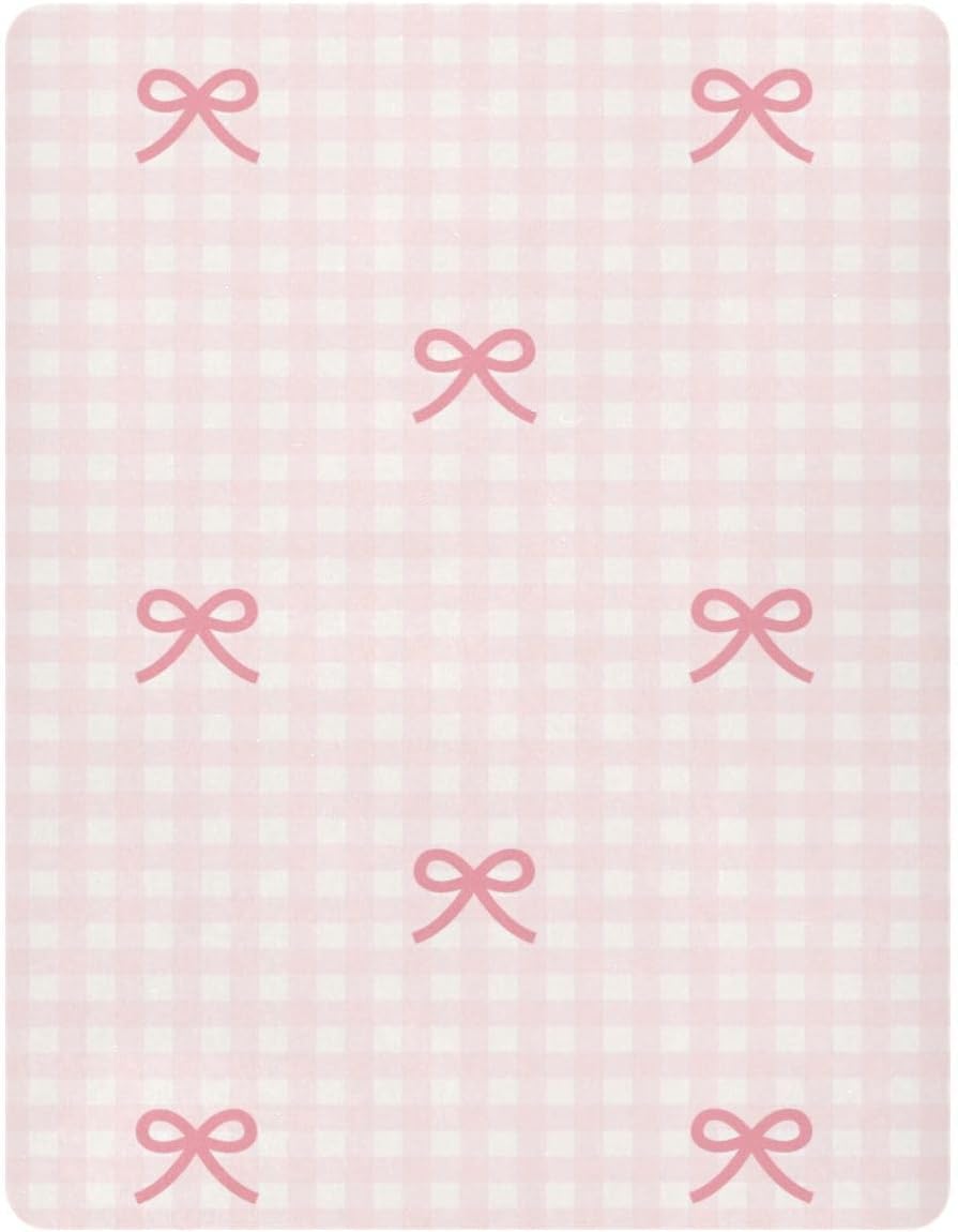 Fitted Crib Sheets Pink Checkered and Bows Stretchy Portable Playard Sheets for Baby Toddler, Breathable Soft Mini Crib Mattress 39 x 27 in for Boys and Girls