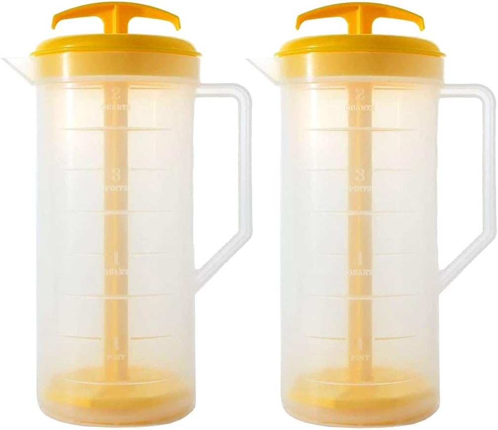 JBK Pottery 2-Quart White Mixing Pitcher with Plunger – BPA-Free Plastic Mixing Jug for Juice, Milk, Tea, Shakes, and More – Dishwasher-Safe, Spill-Proof Lid, Smart Stirring Design