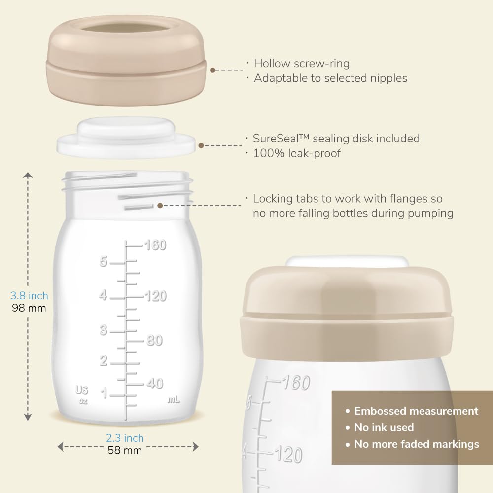 Maymom Wide-Mouth Milk Storage Feeding Collection Bottle with Nipple, Dome Cap, Bottle Top, SureSeal Sealing Disk; Compatible with Spectra Pump/Motif Luna; 5 pc (4.7Oz/140mL)