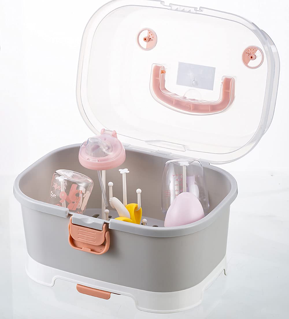 Baby Bottle Drying Rack Storage, Large Nursing Bottle Storage Box Organizer with Cover, Portable Kitchen Cabinet Organizer, Easy to Clean Drainer, Durable countertop Dryer Pink