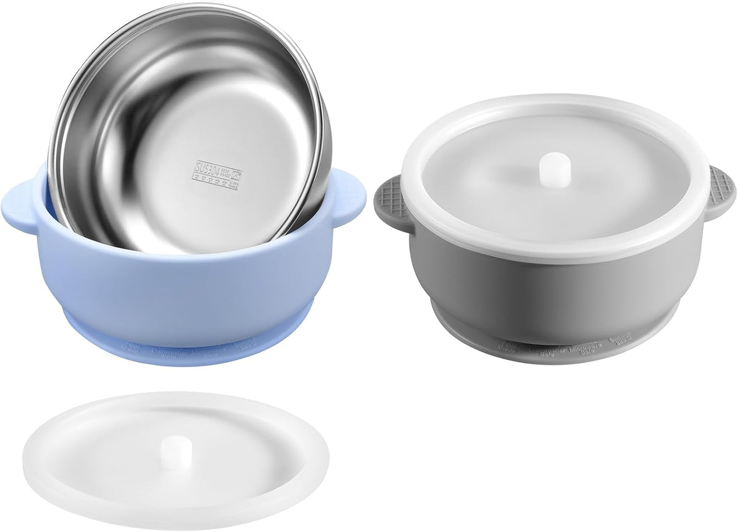2 Pack Stainless Steel Baby Bowls with Removable Non-Slip Silicone Suction Shell and Lids, Anti Scald Food Container for Baby Food Feeding-Gray & Cream
