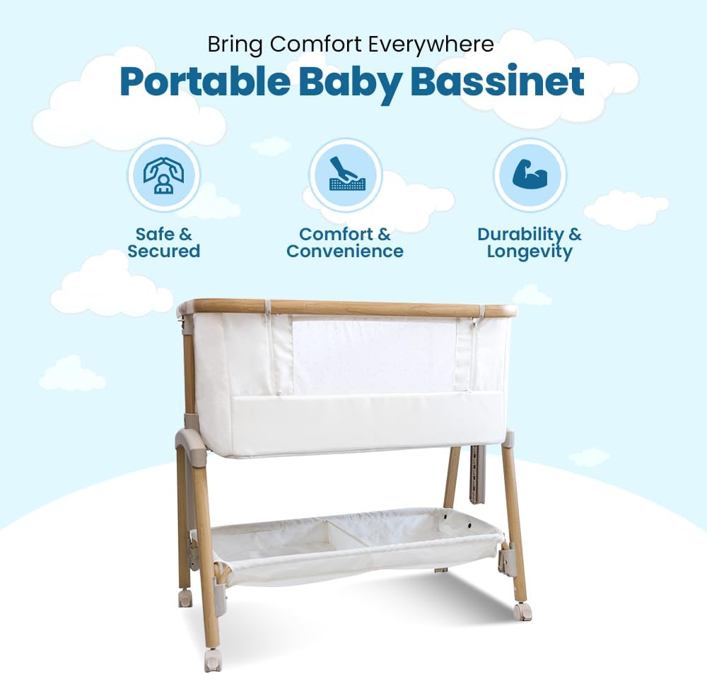 Motherly Haven Baby Bassinet Bedside Sleeper, Portable Crib for Newborns, Adjustable 7-Height Auto-Lock, with Wheels, Soft Mattress & Breathable Mesh (Light Grey)