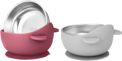 2 Pack Stainless Steel Baby Bowls with Suction, Toddler Bowls with Removable Silicone Shell for Kids, Non-Slip Toddler Baby Feeding Set Dishwasher Safe-Gray & Blue