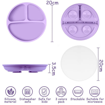 Vicloon Toddler Plates, 3 Pcs Silicone Baby Plates, BPA Free Suction Plates with Lids for Babies and Toddlers, Suction Plate Feature, Divided Plate Design,Toddler Plate Microwave&Dishwasher Safe