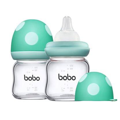 YOHKOH Natural Glass Baby Bottle with Level 1 Slow Flow Nipple, Newborn Anti-Colic Baby Bottles, Wide Neck Mushroom Baby Glass Bottle (Multicolour-A, 3.4oz (Pack of 4))