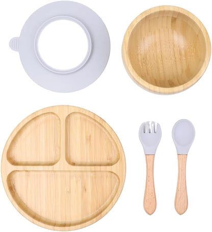 Bamboo Toddler Plate & Bowl Set with Strong Suction – Includes Plate, Bowl, Spoon & Fork – Baby Plates with Suction for Baby Led Weaning, Kids Feeding Essentials, Non-Toxic & BPA Free