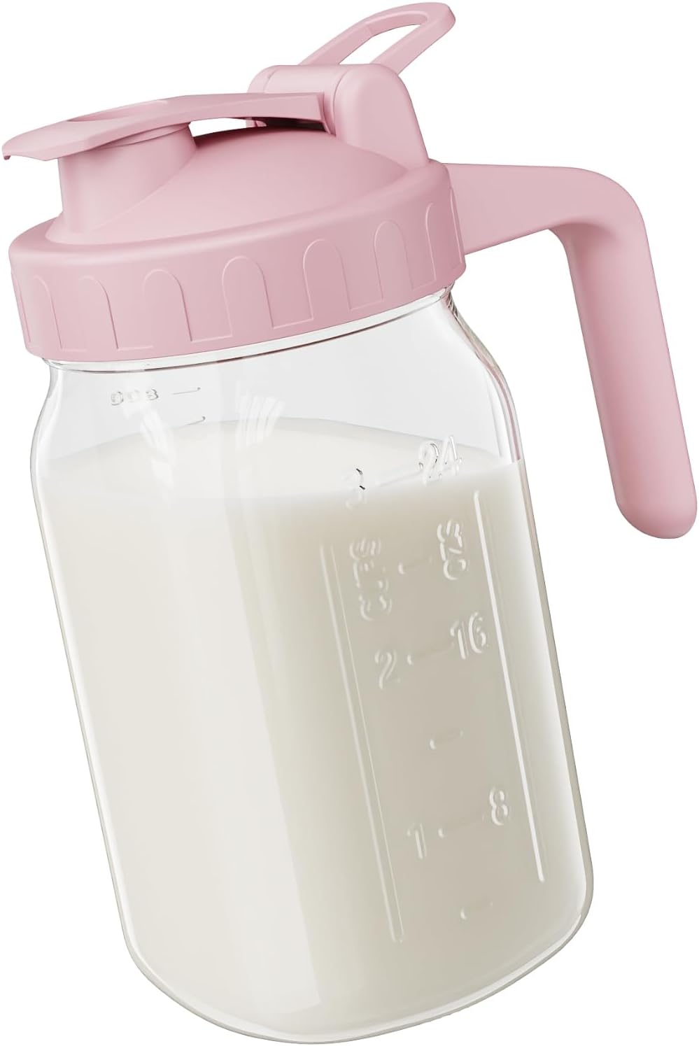 JunVpic Breast Milk Pitcher - 32 oz Glass Mason Jar with Dual Leak-Proof Design, Airtight Seal, Pour Spout & Handle, Storage Container for Breastmilk, Iced Tea & Ice Drinks（Gray）