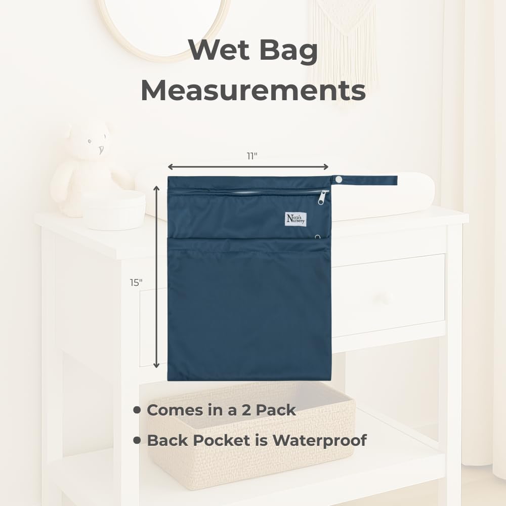 Nora's Nursery Reusable Wet Dry Bag for Cloth Diapers, Washable Pod with Large Zipper Opening, 2-Pack Waterproof Diaper Pods with Detachable Snap, Wet Bags for Cloth Diapers