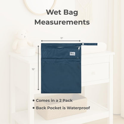 Nora's Nursery Reusable Wet Dry Bag for Cloth Diapers, Washable Pod with Large Zipper Opening, 2-Pack Waterproof Diaper Pods with Detachable Snap, Wet Bags for Cloth Diapers