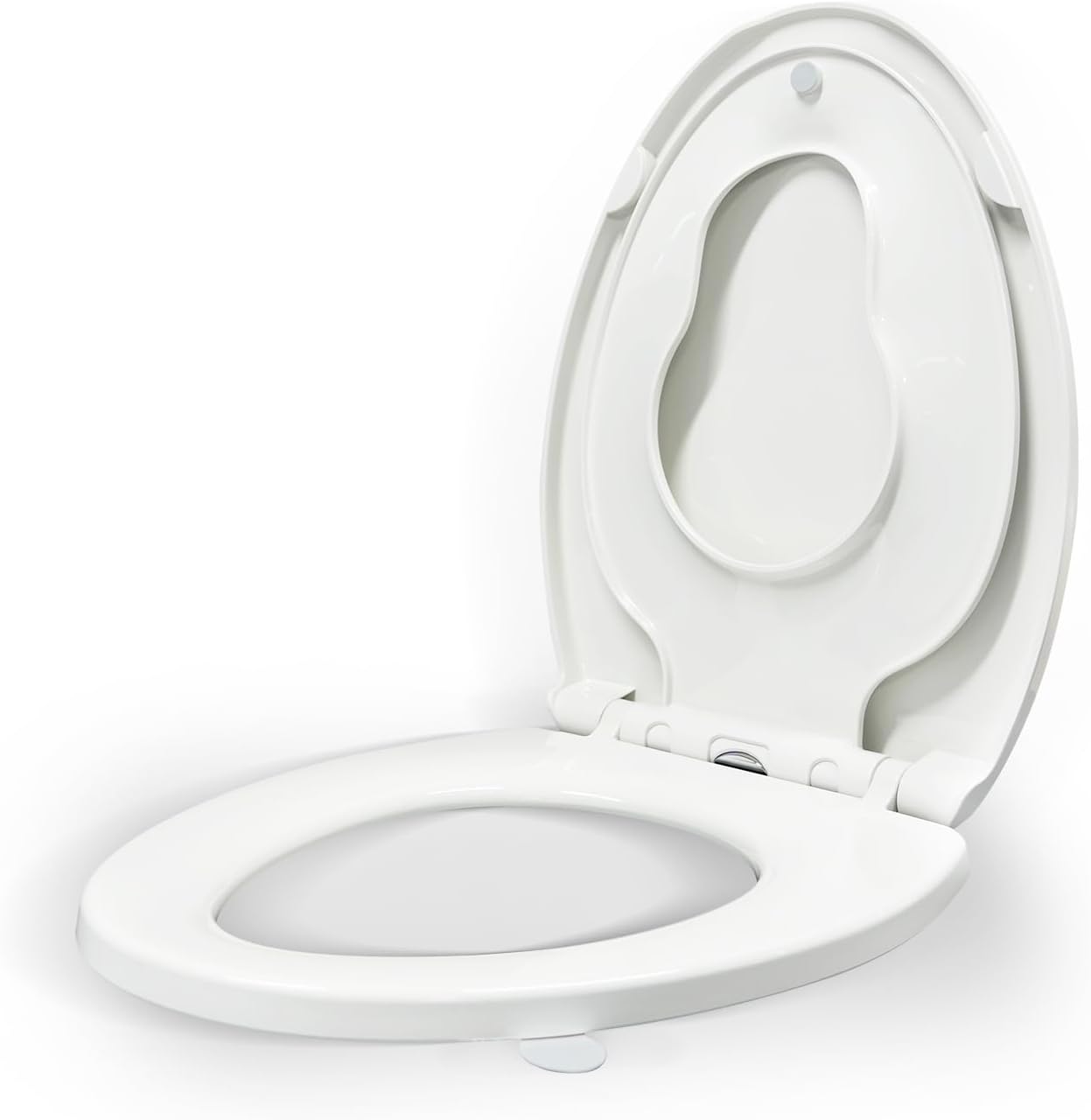 KHE Elongated Toilet Seat with Child Seat 18.5 Inch, Soft Close Toilet Seat with No-Touch Handle, Quick Release, Non-Slip, Durable PP, White