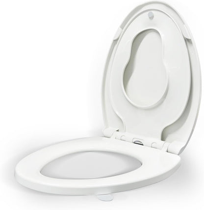 KHE Elongated Toilet Seat with Child Seat 18.5 Inch, Soft Close Toilet Seat with No-Touch Handle, Quick Release, Non-Slip, Durable PP, White