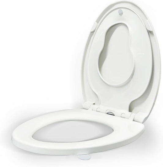 KHE Elongated Toilet Seat with Child Seat 18.5 Inch, Soft Close Toilet Seat with No-Touch Handle, Quick Release, Non-Slip, Durable PP, White