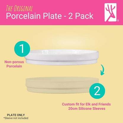 Elk and Friends Kids 7.8” Porcelain Divided Plates with Silicone Sleeves | Suitable for Babies/Kids/Toddlers | Microwave & Dishwasher Safe | Non Slip | Snack Dishes