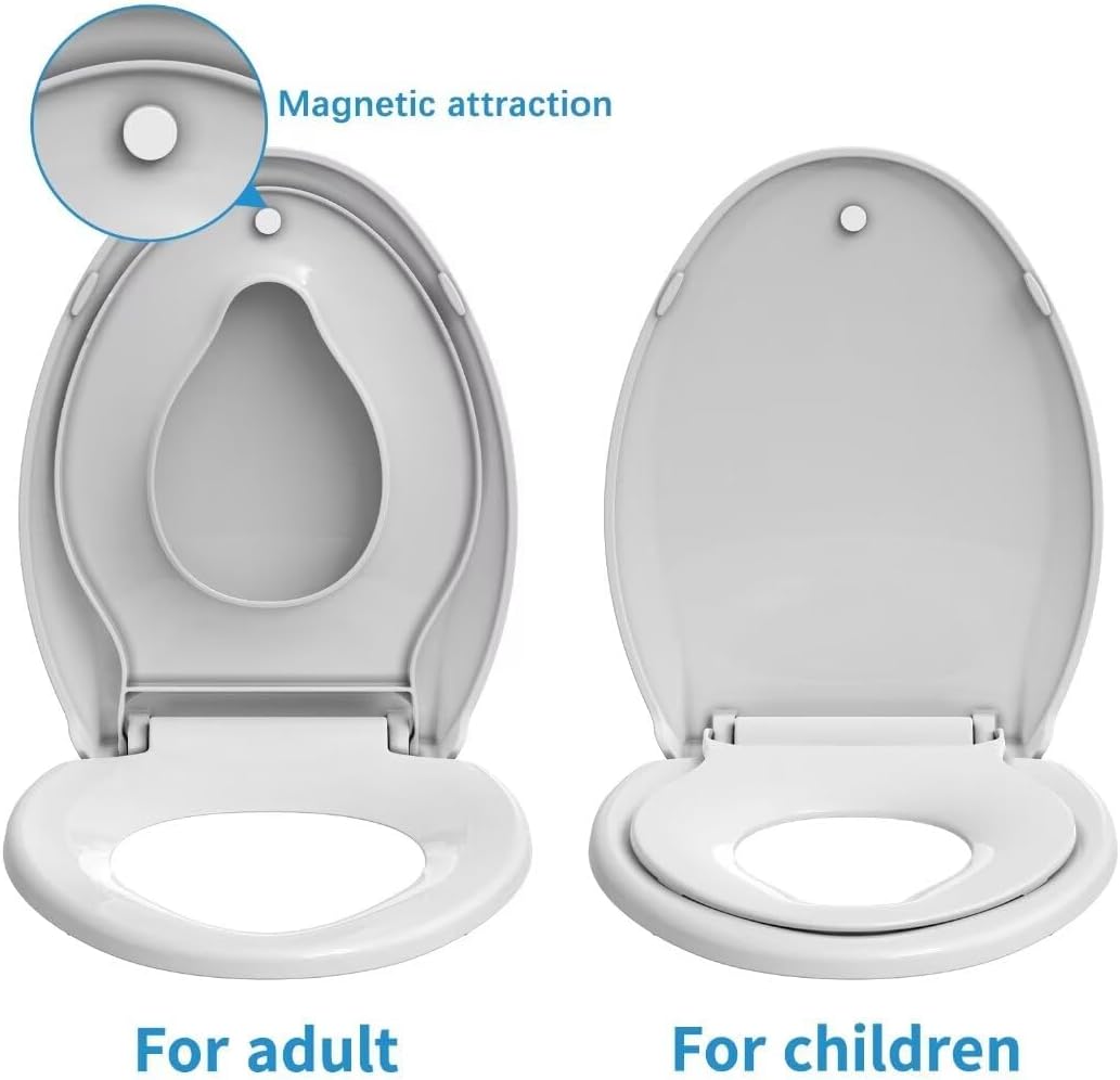 17" White Round Toilet Seat for Adult and Child, Built-In Potty Training Seat with Soft Quiet Close Non-Slip Design, Magnetic Kids Seat and Cover for Round/Oval Toilets, Easy to Install and Clean
