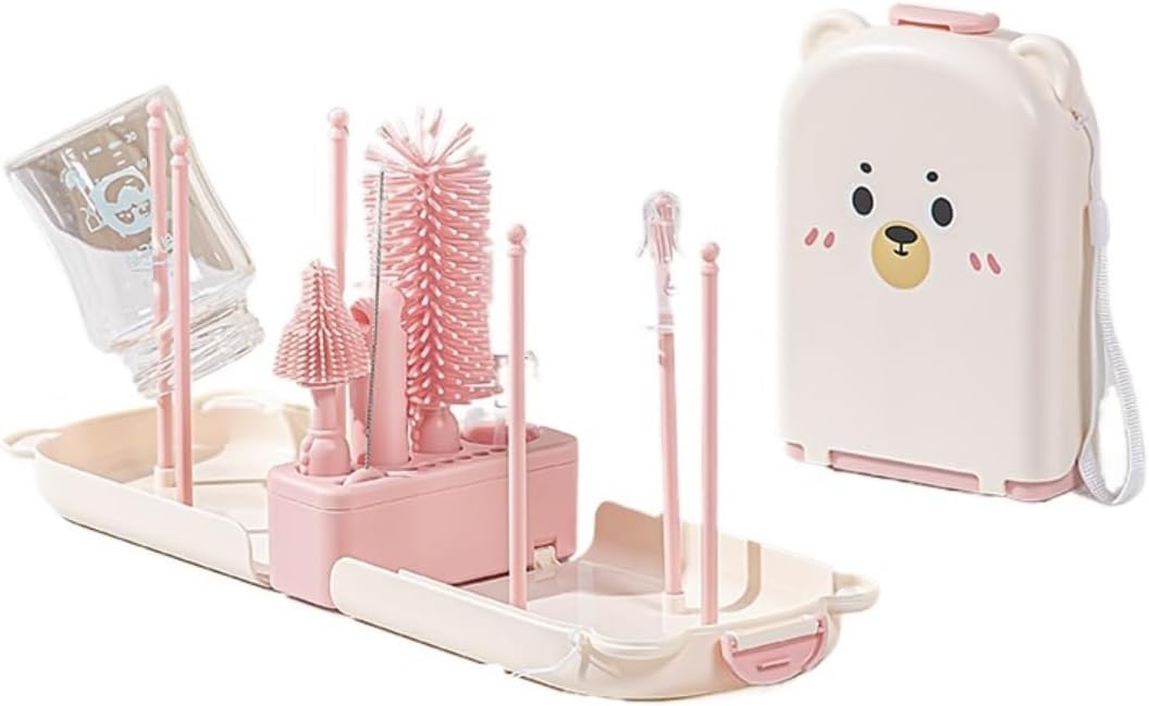 Baby Bottle Brush Set Portable Silicone Tool Set for Cleaning Newborn Baby Bottles and Nipples (Pink)