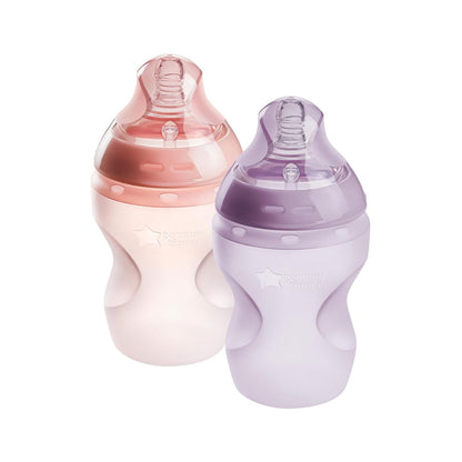 Tommee Tippee Natural Start Anti Colic 9 oz BPA Free Silicone Baby Bottles, 0+ Months, Silicone Feels Like Mother's Skin, Slow Flow Breast-Like Nipple, Pink and Purple, Pack of 2