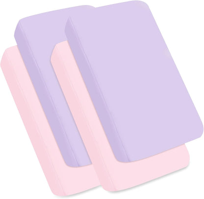 Pack and Play Sheets Fitted 4 Pack, Breathable Baby Playard Mattress Sheet Compatible with Graco Pack n Play, Mini Crib Sheets Fitted for Girls, Pink & Purple Playpen Mattress Sheets