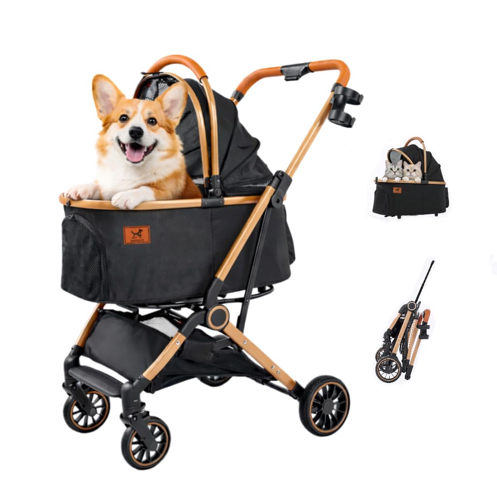 Premium Dog Stroller for Small & Medium Dogs, 6 in 1 Luxury Foldable Pet Stroller with Detachable Carrier, Travel Cat Stroller with 360° Rotating Wheels, Detachable Pet Car Seat, Black