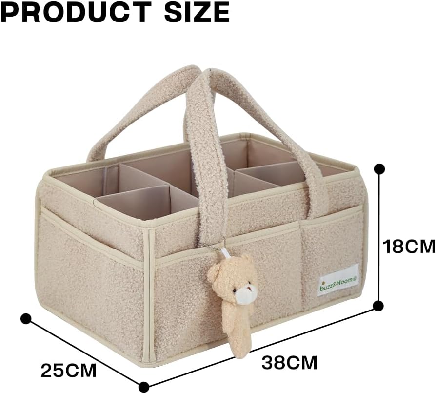 Buzz&Bloom Baby Teddy Diaper Caddy Organizer, Stylish Storage Basket for Newborn Essentials and Diaper Station, Gift for Baby Shower and Registry Must-Have (Beige)