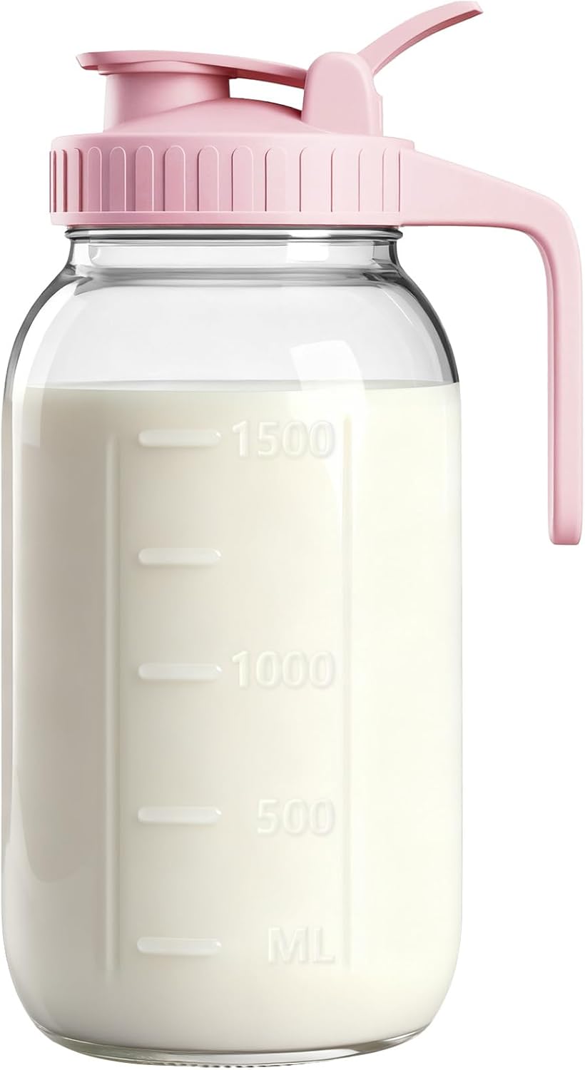 64oz Glass Breast Milk Pitcher with Lid & Pour Spout, 2 Quart Airtight Leakproof BreastMilk Fridge Storage Container - Wide Mouth, Dishwasher Safe Formula Pitcher with Handle