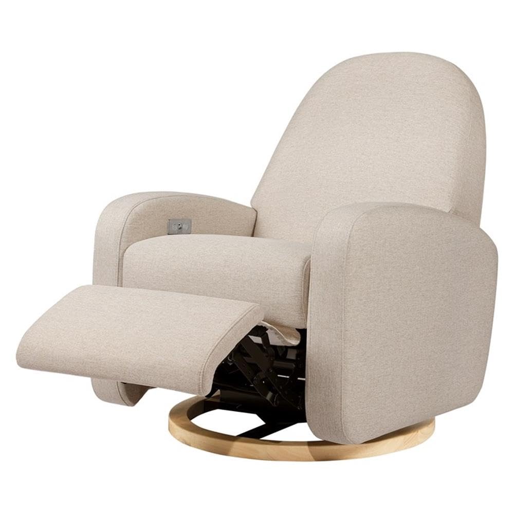 Babyletto Nami Electronic Power Recliner and Swivel Glider with USB Port in Ivory Boucle with Light Wood Base, Greenguard Gold and CertiPUR-US Certified