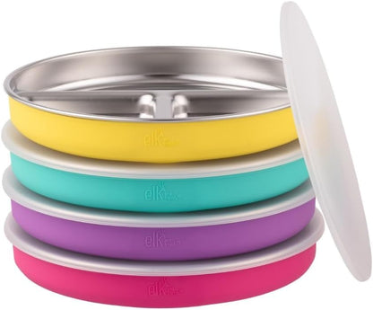 Elk and Friends Stainless Steel Divided Plates with Silicone Sleeve for Babies & Toddlers | Lids Included | Stay Put Suction | Dinner & Snack Plates | 4 Pack