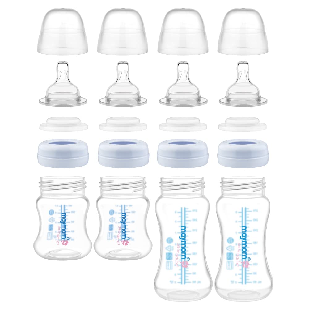 Maymom Wide-Mouth Milk Storage Feeding Collection Bottle with Nipple, Dome Cap, Bottle Top, SureSeal Sealing Disk; Compatible with Spectra Pump/Motif Luna; 5 pc (4.7Oz/140mL)