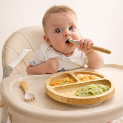 Bamboo Baby Plates with Suction, Toddler Plates for Self Feeding, Eco Friendly Baby Feeding Plate Set, Divided Plate for Baby Boy & Baby Girl, BPA Free, Easy Clean (Beige)
