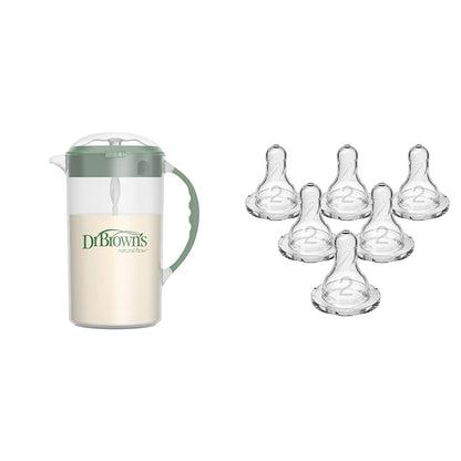 Dr. Brown's Baby Formula Mixing Pitcher with Adjustable Stopper, Locking Lid, & No Drip Spout & Dr. Brown’s Natural Flow Level 2 Narrow Baby Bottle Silicone Nipple, Medium Flow, 3m+