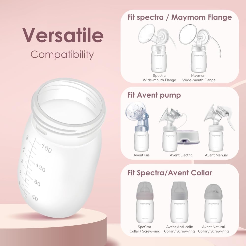 Maymom Wide-Mouth Milk Storage Feeding Collection Bottle with Nipple, Dome Cap, Bottle Top, SureSeal Sealing Disk; Compatible with Spectra Pump/Motif Luna; 5 pc (4.7Oz/140mL)