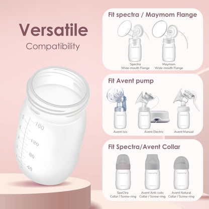 Maymom Wide-Mouth Milk Storage Feeding Collection Bottle with Nipple, Dome Cap, Bottle Top, SureSeal Sealing Disk; Compatible with Spectra Pump/Motif Luna; 5 pc (4.7Oz/140mL)