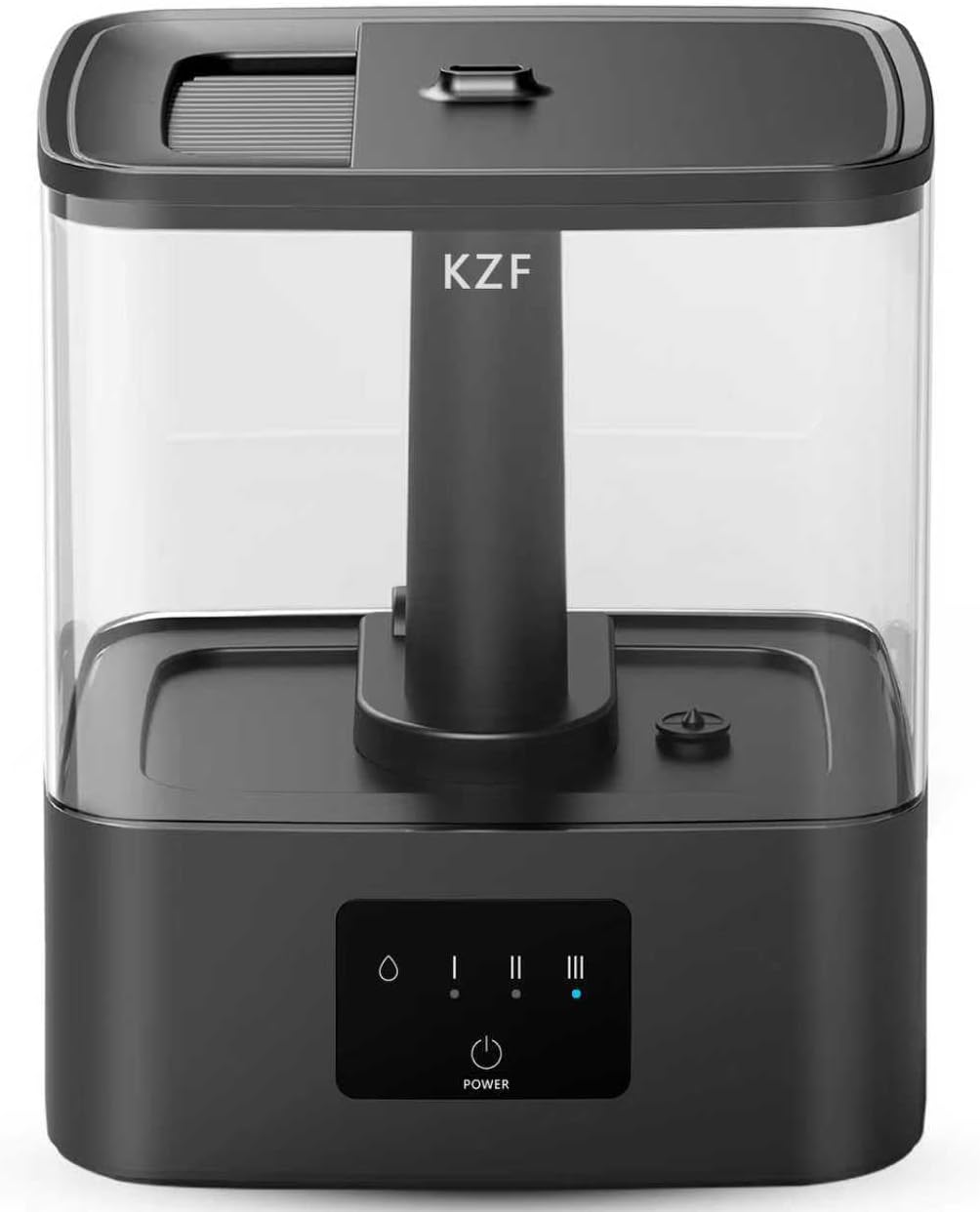 KZF 4L Top Fill Humidifiers for Bedroom & 60H Runtime - Cool Mist Humidifier, 3 Mist Levels, 8H Timer, Essential Oil Tray, Humidity Display, Quiet for Bedroom, Baby, Plants, Large Room (Black, 6L)