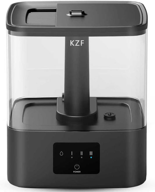 KZF 4L Top Fill Humidifiers for Bedroom & 60H Runtime - Cool Mist Humidifier, 3 Mist Levels, 8H Timer, Essential Oil Tray, Humidity Display, Quiet for Bedroom, Baby, Plants, Large Room (Black, 6L)