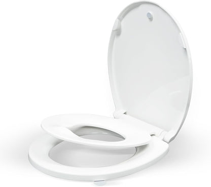 KHE Elongated Toilet Seat with Child Seat 18.5 Inch, Soft Close Toilet Seat with No-Touch Handle, Quick Release, Non-Slip, Durable PP, White