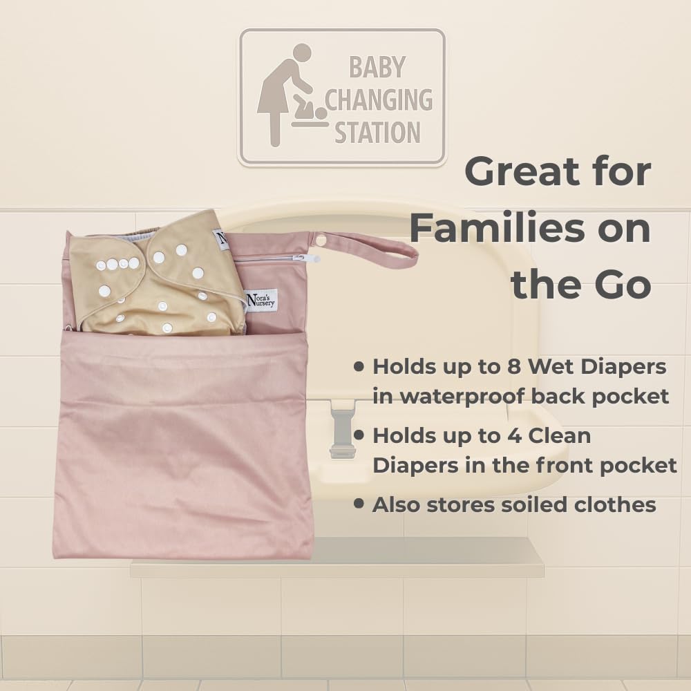 Nora's Nursery Reusable Wet Dry Bag for Cloth Diapers, Washable Pod with Large Zipper Opening, 2-Pack Waterproof Diaper Pods with Detachable Snap, Wet Bags for Cloth Diapers