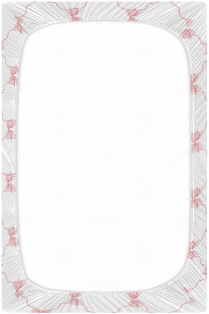 Fitted Crib Sheets Pink Checkered and Bows Stretchy Portable Playard Sheets for Baby Toddler, Breathable Soft Mini Crib Mattress 39 x 27 in for Boys and Girls