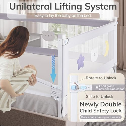 omzer 3-Piece King Size Bed Rail for Toddlers - Toddler Bed Rails with Double Child Lock, Bed Rail for Baby Kids with Pattern, Height Adjustment Guardrail for King Size Bed, 78.7x78.7x74.8”