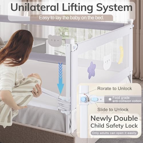 omzer 3-Piece King Size Bed Rail for Toddlers - Toddler Bed Rails with Double Child Lock, Bed Rail for Baby Kids with Pattern, Height Adjustment Guardrail for King Size Bed, 78.7x78.7x74.8”
