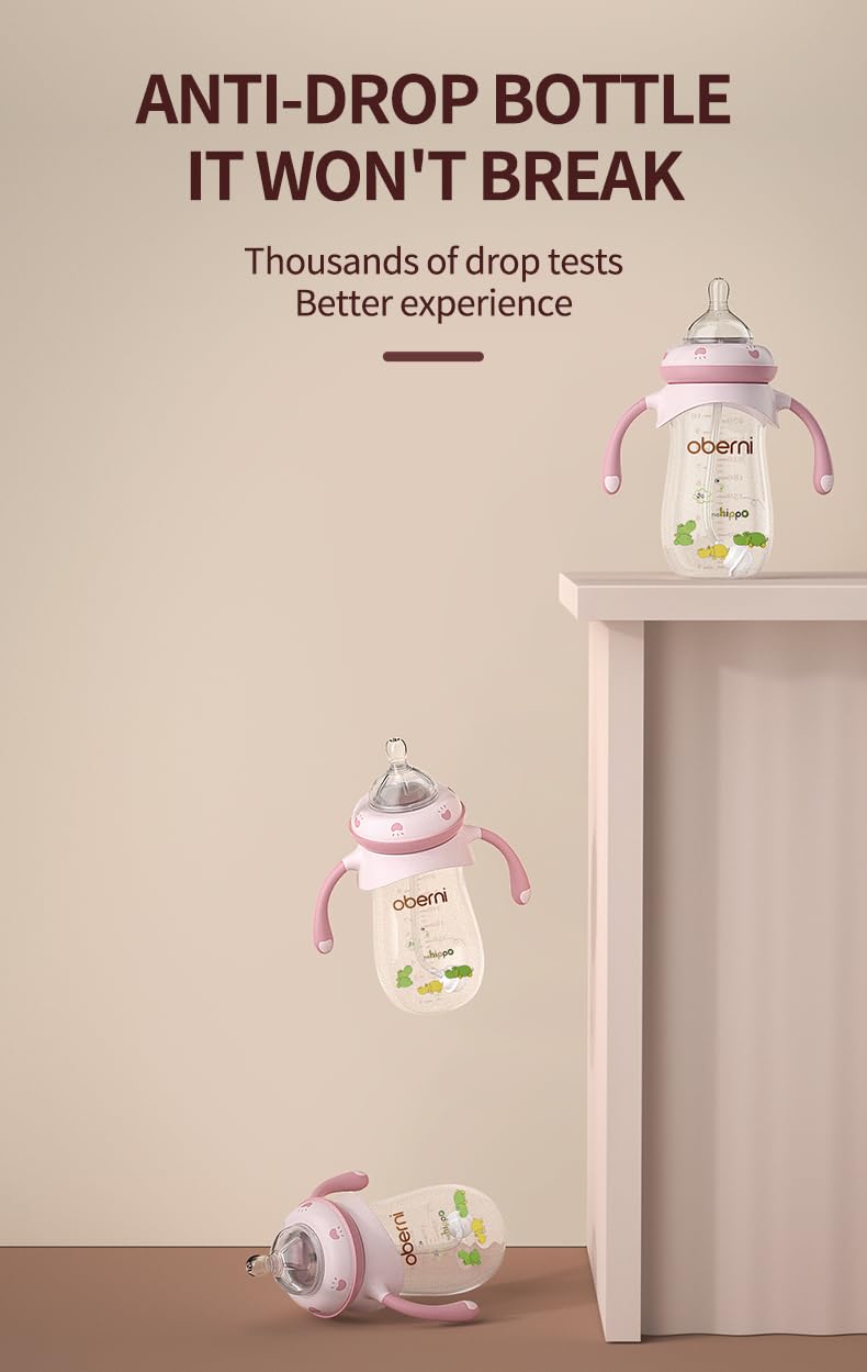 Oberni Baby Bottles, Weighted Straw Toddler Milk Bottles with Non-Slip Handle, Size + Variable Fast Flow, 12+ Months, BPA-Free, Pink/1Pack/9oz
