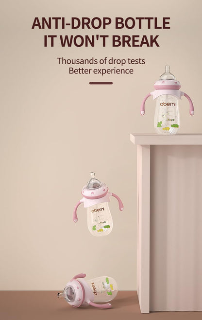 Oberni Baby Bottles, Weighted Straw Toddler Milk Bottles with Non-Slip Handle, Size + Variable Fast Flow, 12+ Months, BPA-Free, Pink/1Pack/9oz