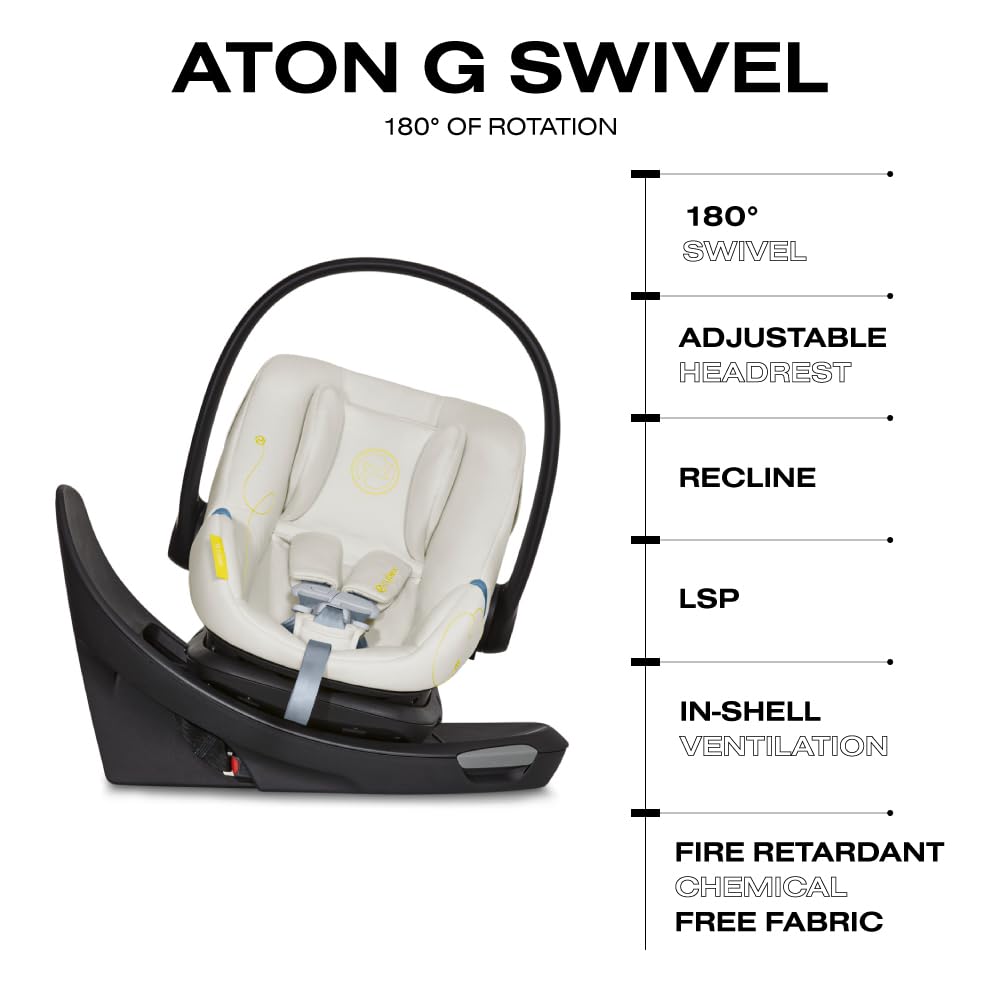 Cybex Aton G Swivel Infant Car Seat with 180-Degree Rotate, Linear Side-Impact Protection, 11-Position Headrest, SensorSafe & Safelock Base, Seashell Beige