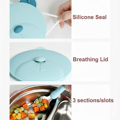 I love D&M Baby Toddler Food-Grade 316 Stainless Steel Bowl with Insulated Lid Strong Suction Leak-Resistant BPA Free Easy to clean (no utensil, Placid Blue)