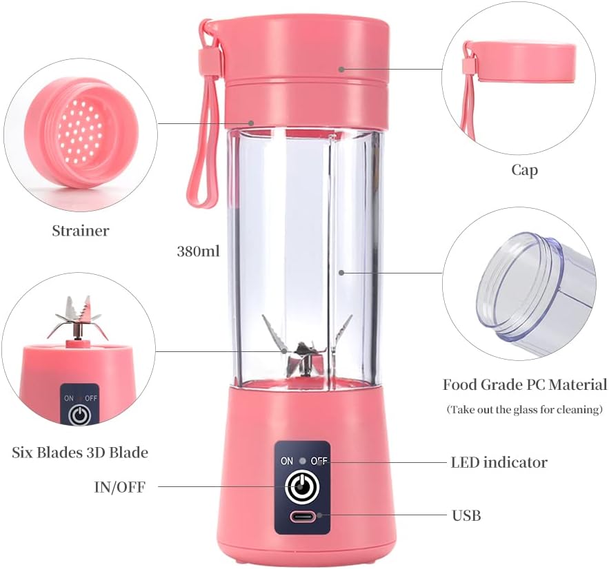 Portable Blender Cup,Electric USB Mini Juicer Blender For Shakes and Smoothies, Juice,380ml, Six Blades Great for Mixing,Black