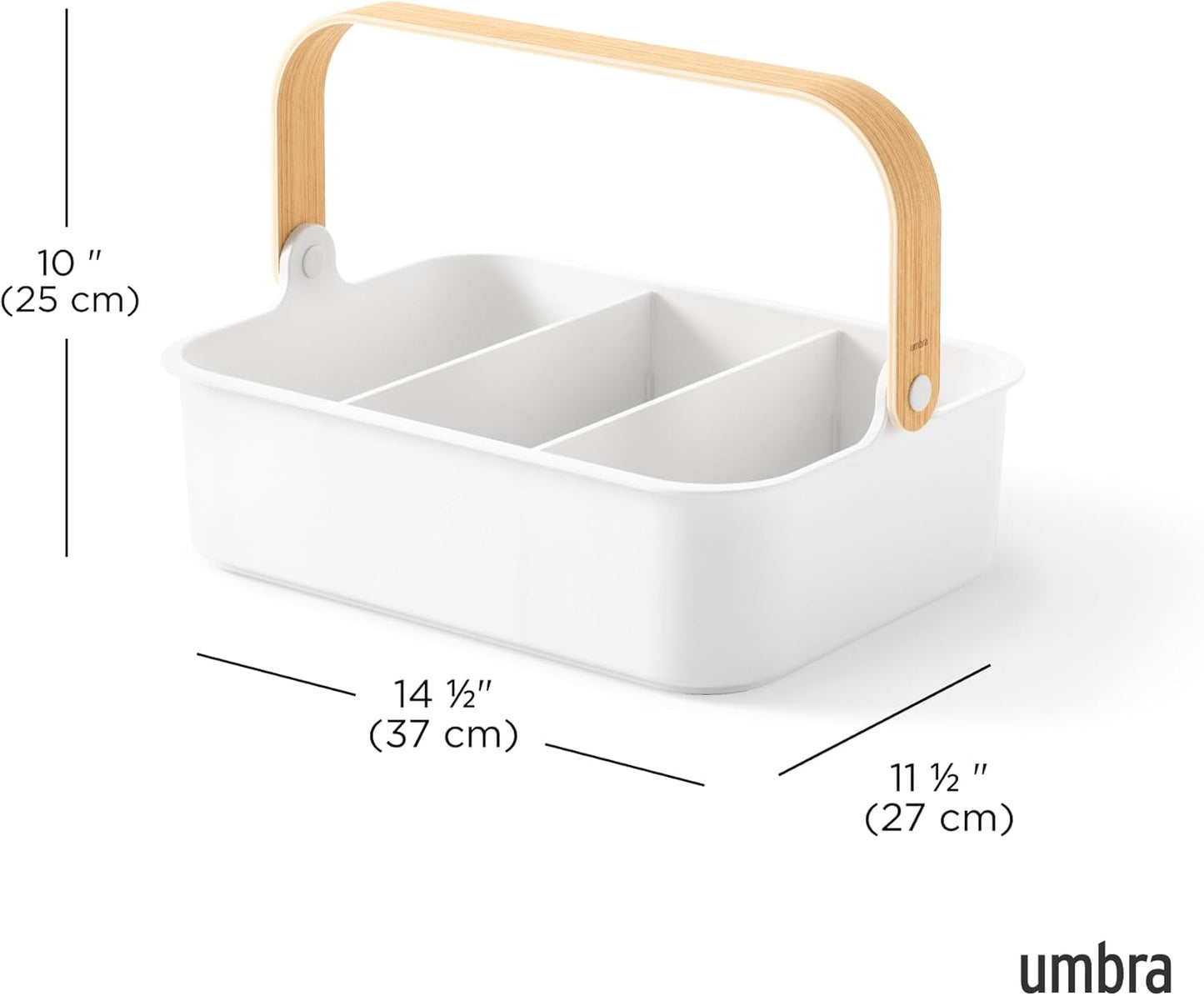 Umbra Bellwood Stackable Bin, 14" x 10" Durable Lightweight Container with Wooden Handle and Removable Dividers, Black/Walnut