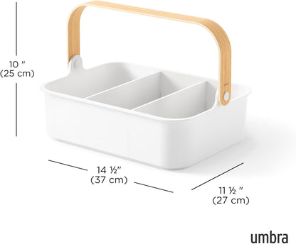 Umbra Bellwood Stackable Bin, 14" x 10" Durable Lightweight Container with Wooden Handle and Removable Dividers, Black/Walnut