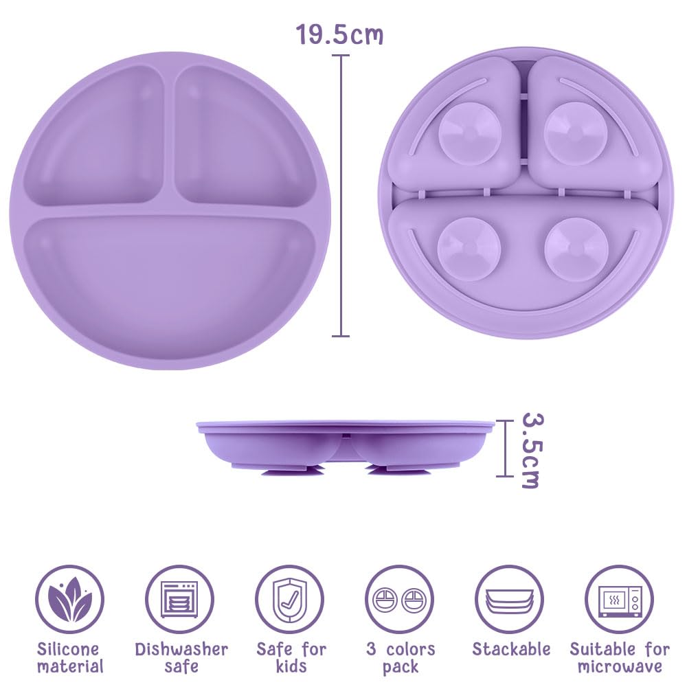 Vicloon Suction Plates, 2 Pcs Baby Toddler Plate Silicone, BPA Free Divided Plate, Divided Plate Design,Silicone Grip Dish Microwave & Dishwasher Safe