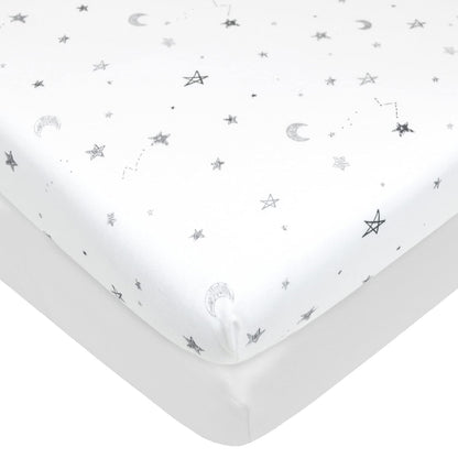 American Baby Company 2 Pack 100% Natural Cotton Fitted Pack and Play Sheets 39" x 27" - Soft & Breathable Pack N Play Sheets for Playard & Mini Crib Mattress, Pink Stars/Zigzag, for Boys & Girls